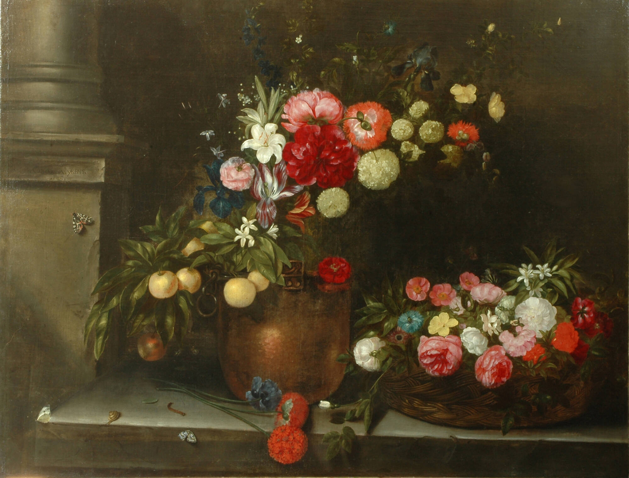Flower still life with fruit and insects | Catharina Ykens