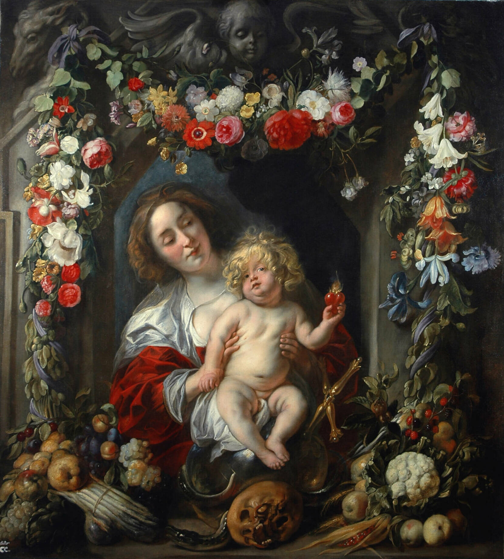 Virgin Mary with baby Jesus in Fruit and Vegetable Garland | Jacob Jordaens en Van Utrecht